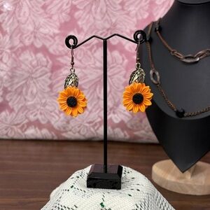 Floral Sunflower Earrings - Yellow-Orange and Gold​